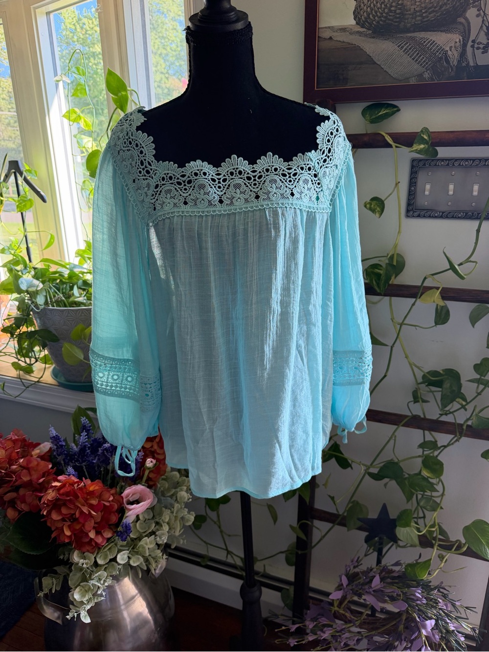 Zac & Rachel Light Teal Lace-Trim Peasant Tunic